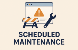 Illustration of a browser window with a warning symbol, a construction barrier and a wrench with the text 'Scheduled Maintenance' below